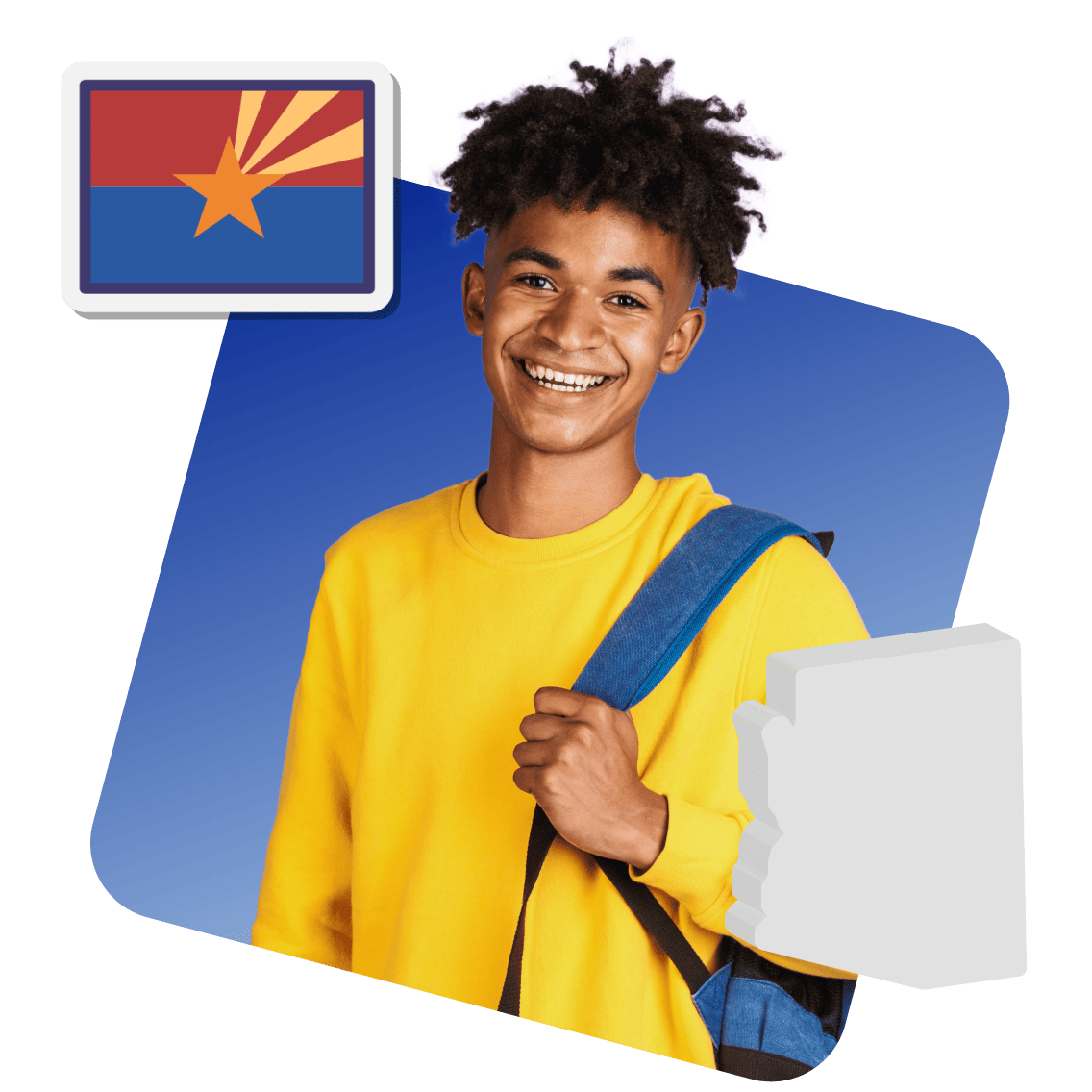 A young boy stands proudly with a backpack, holding a flag, symbolizing adventure and exploration.