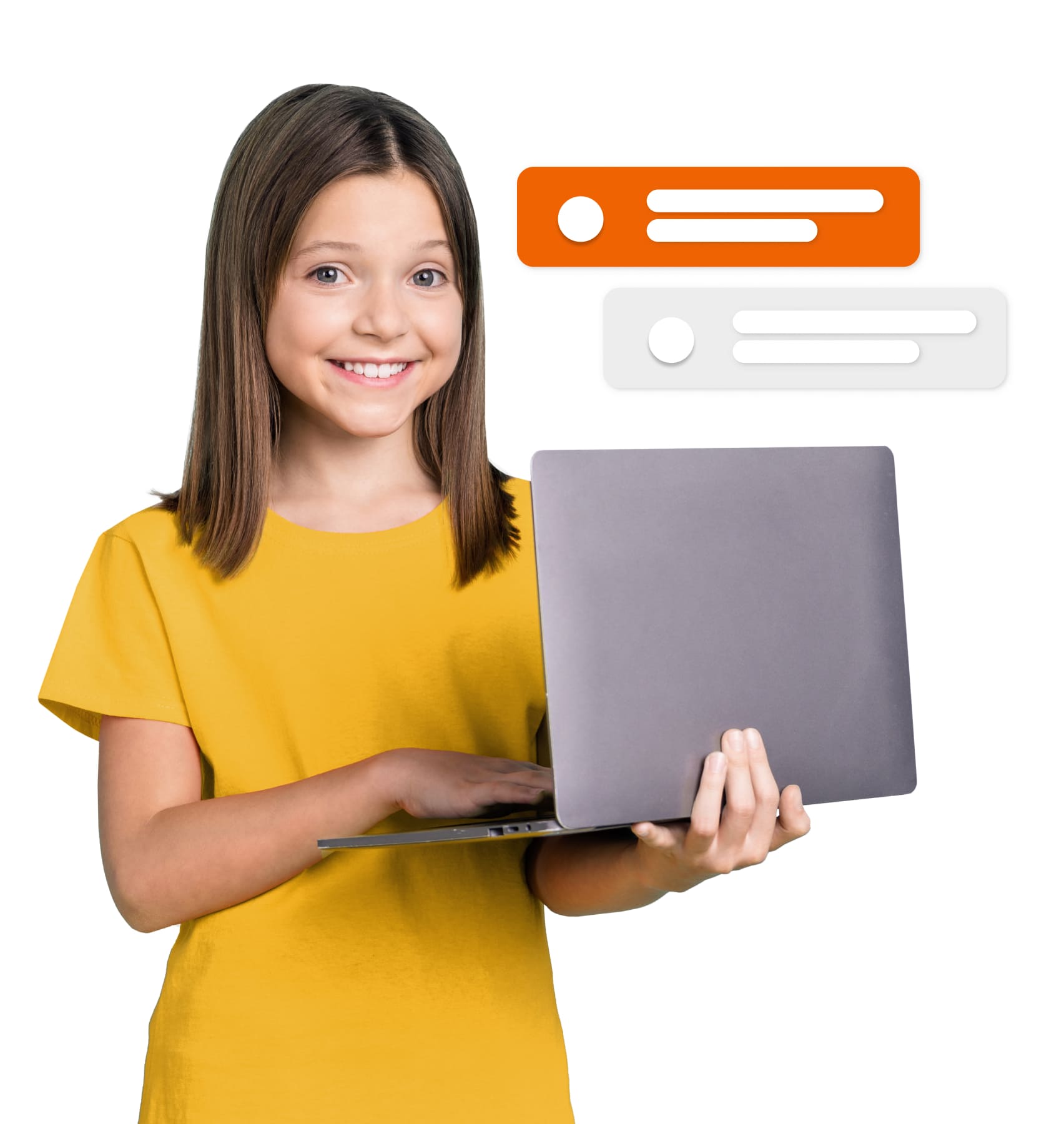 A girl holds a laptop displaying a chat bubble, symbolizing communication and digital interaction.