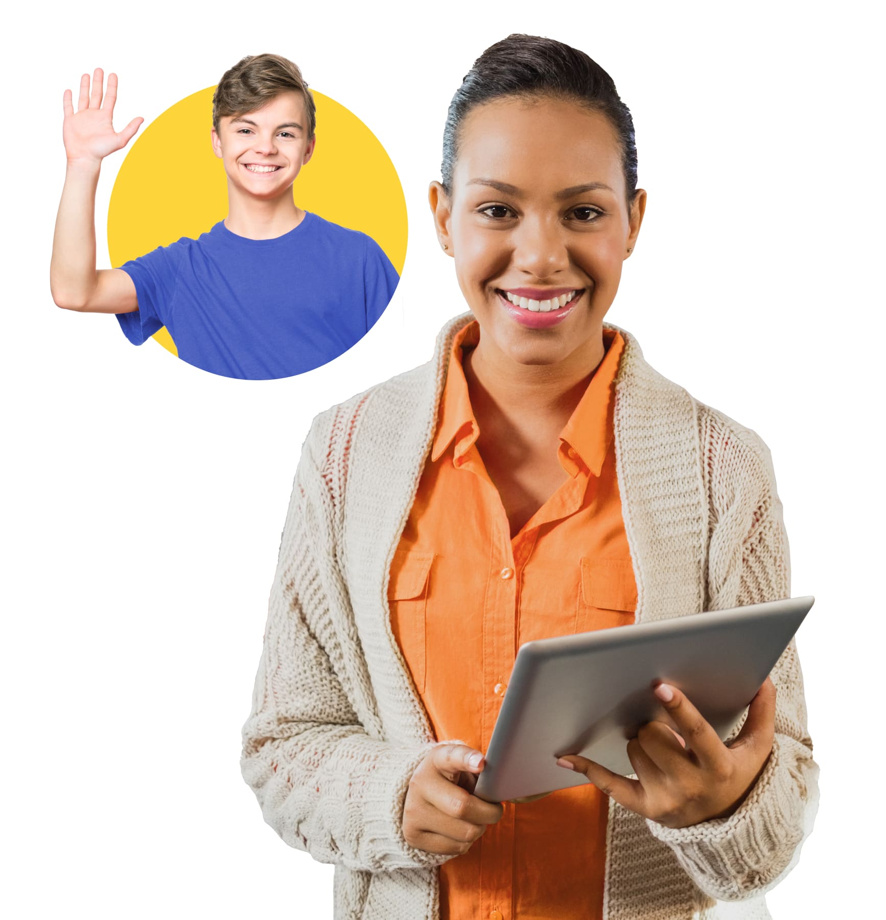 A woman raises her hand while holding a tablet, with a child visible in the background.