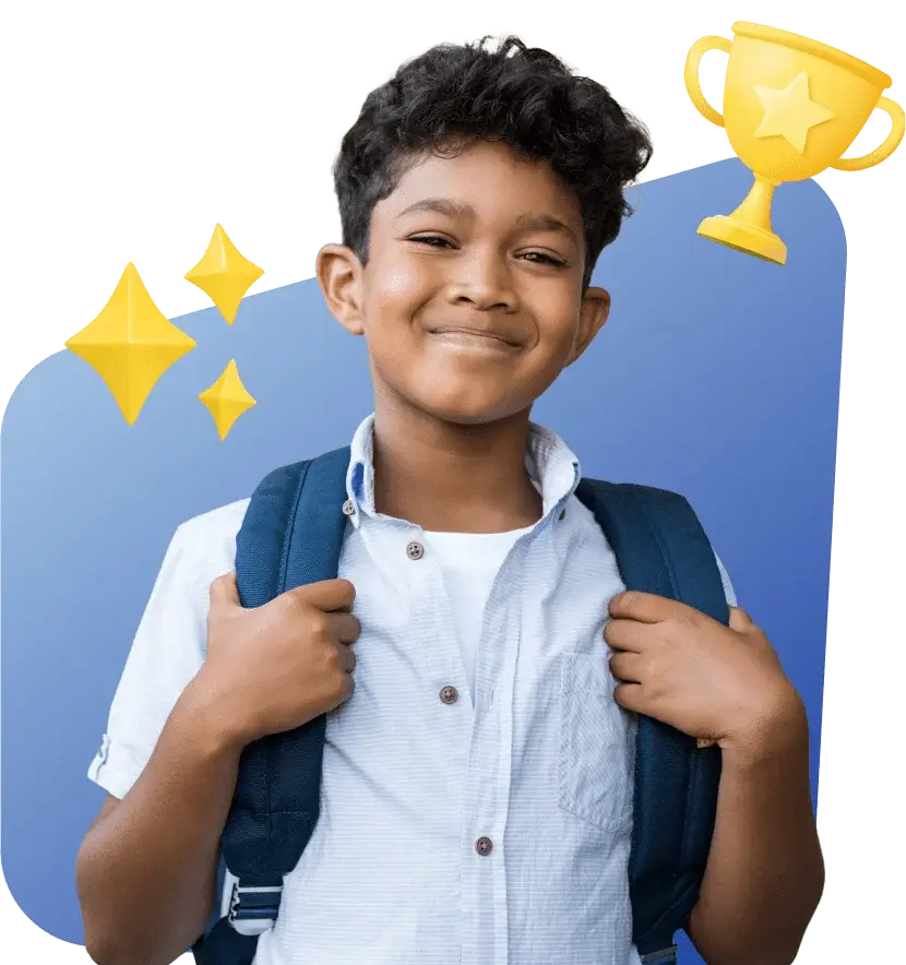 A young boy proudly holds a trophy while wearing a backpack, showcasing his achievement and enthusiasm.