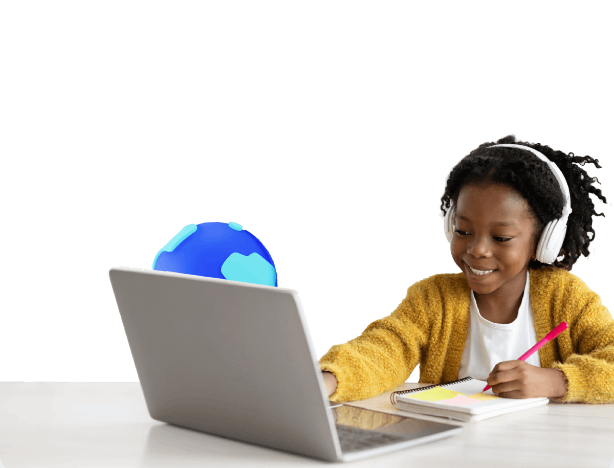 A girl wearing headphones is focused on her laptop, engaged in an activity or task.