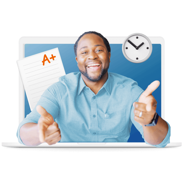 A smiling man sits with a laptop, a clock visible in the background, conveying a sense of productivity and positivity.