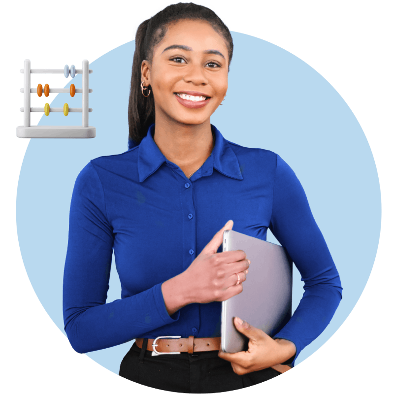 A cheerful woman holds a laptop in one hand and a calculator in the other, exuding confidence and positivity.