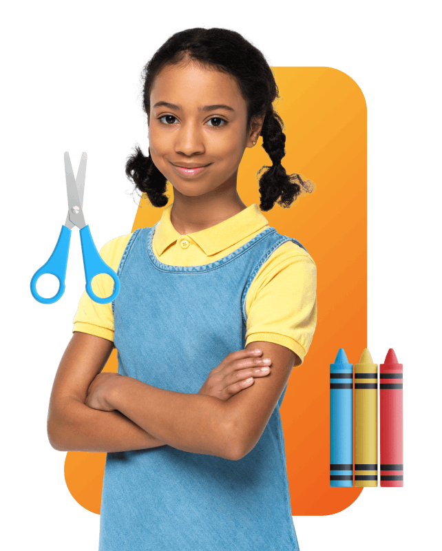 A girl in a blue dress holds scissors and crayons, ready for a creative art project.