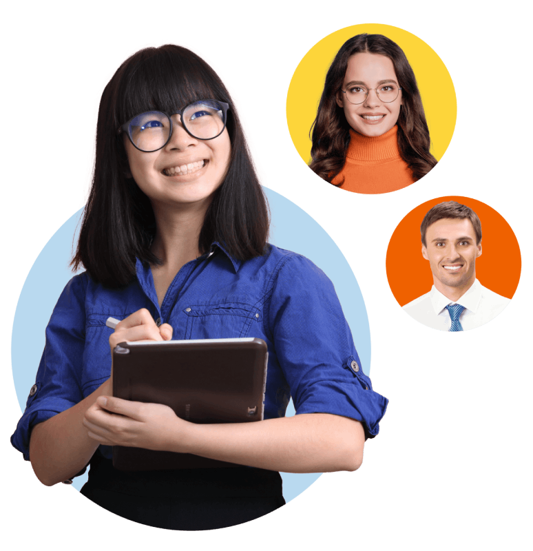 A woman wearing glasses holds a clipboard with three individuals while using a tablet in her other hand.