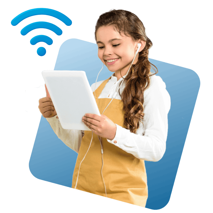 A young girl connecting to the internet via Wi-Fi, engaged with her electronic device in a bright environment.