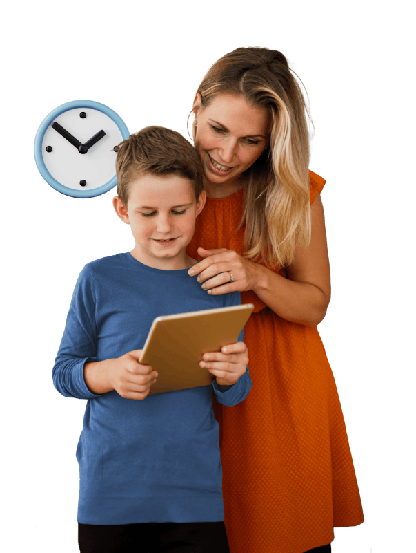 A woman and a boy are engaged in viewing content on a tablet together, sharing a moment of discovery.