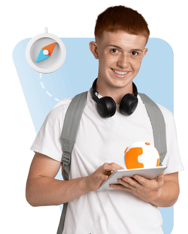 A young man wearing headphones, holding a tablet in one hand and a globe in the other, engaged in exploration.