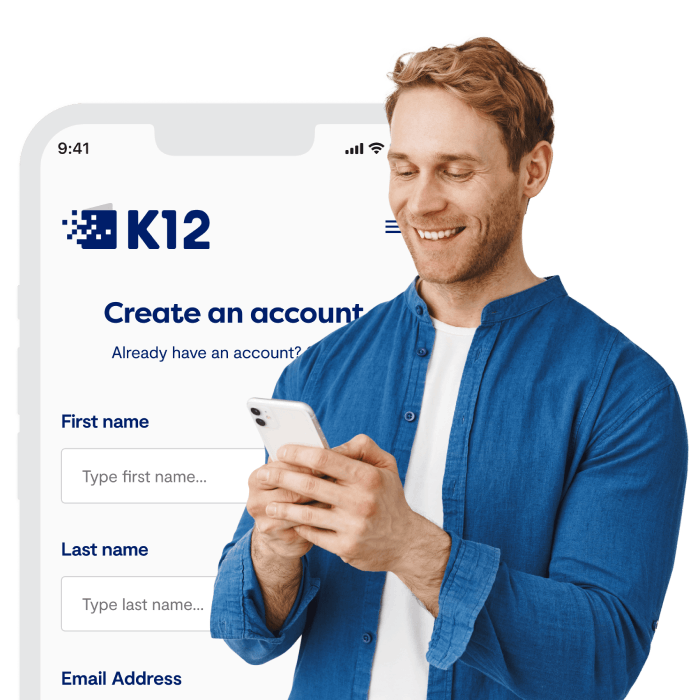 Visual representation of the K12 account creation process, showcasing fields for user information and a registration button.