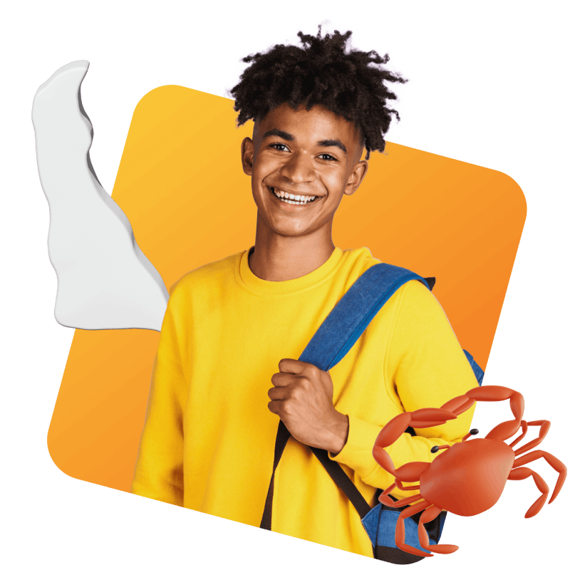 A young boy wearing a backpack, with a small crab perched on his back, smiling in a sunny outdoor setting.