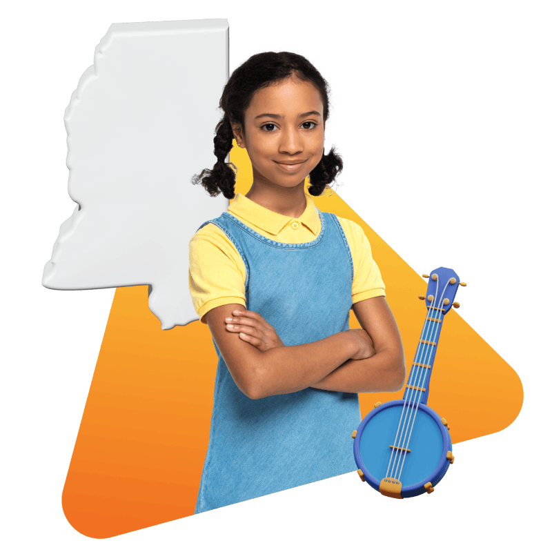 A girl holding a guitar stands beside a colorful state map, showcasing her passion for music and geography.