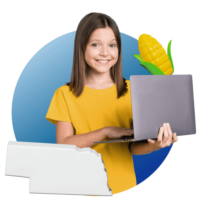 A girl smiles while holding a laptop displaying an image of corn on the screen.