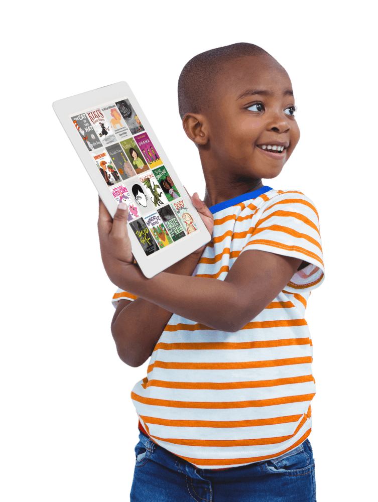 A young boy proudly displays a tablet featuring an open book, showcasing his interest in reading and technology.