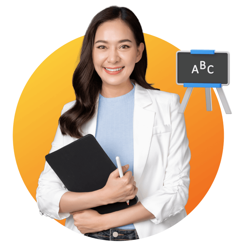 A woman in a white blazer stands holding a blackboard displaying the letters "abc"