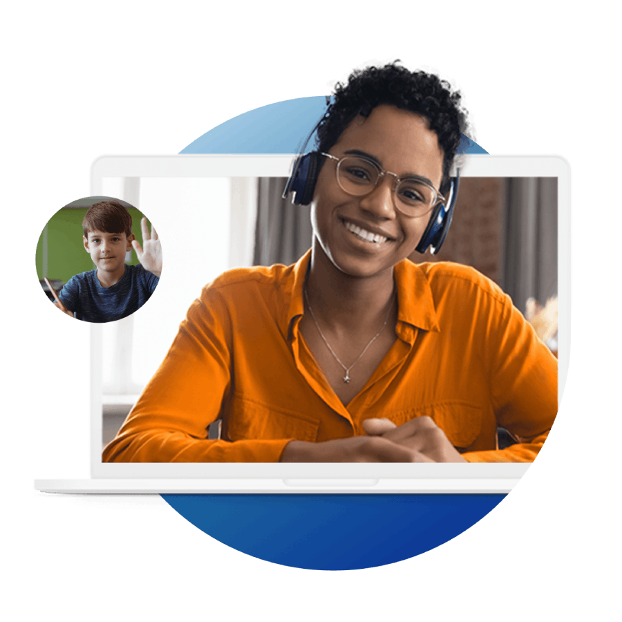 A woman wearing headphones engages in a video call on her laptop, focused and attentive to the conversation.