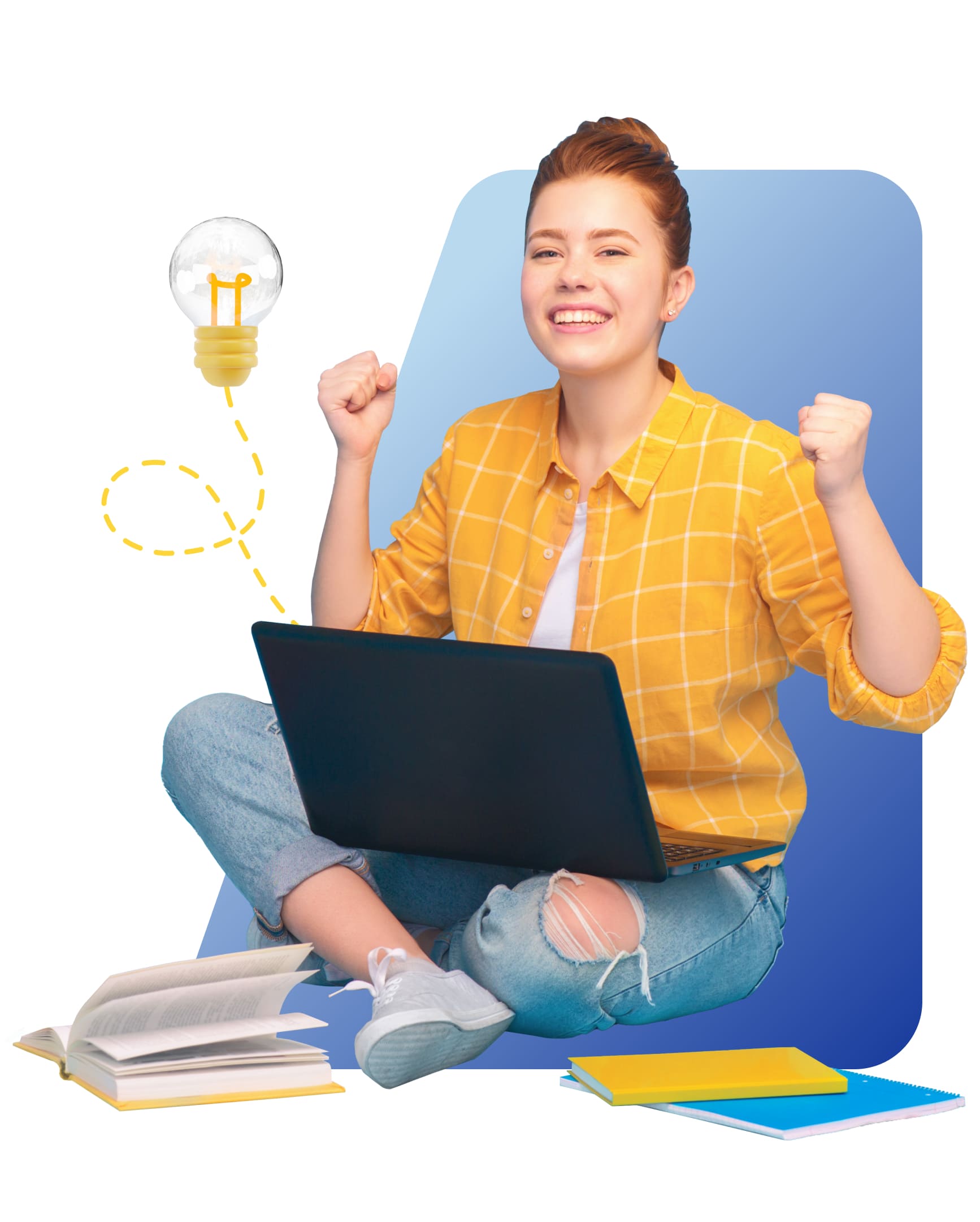 A woman seated on the floor, working on a laptop, with a light bulb glowing above her, symbolizing creativity and ideas.