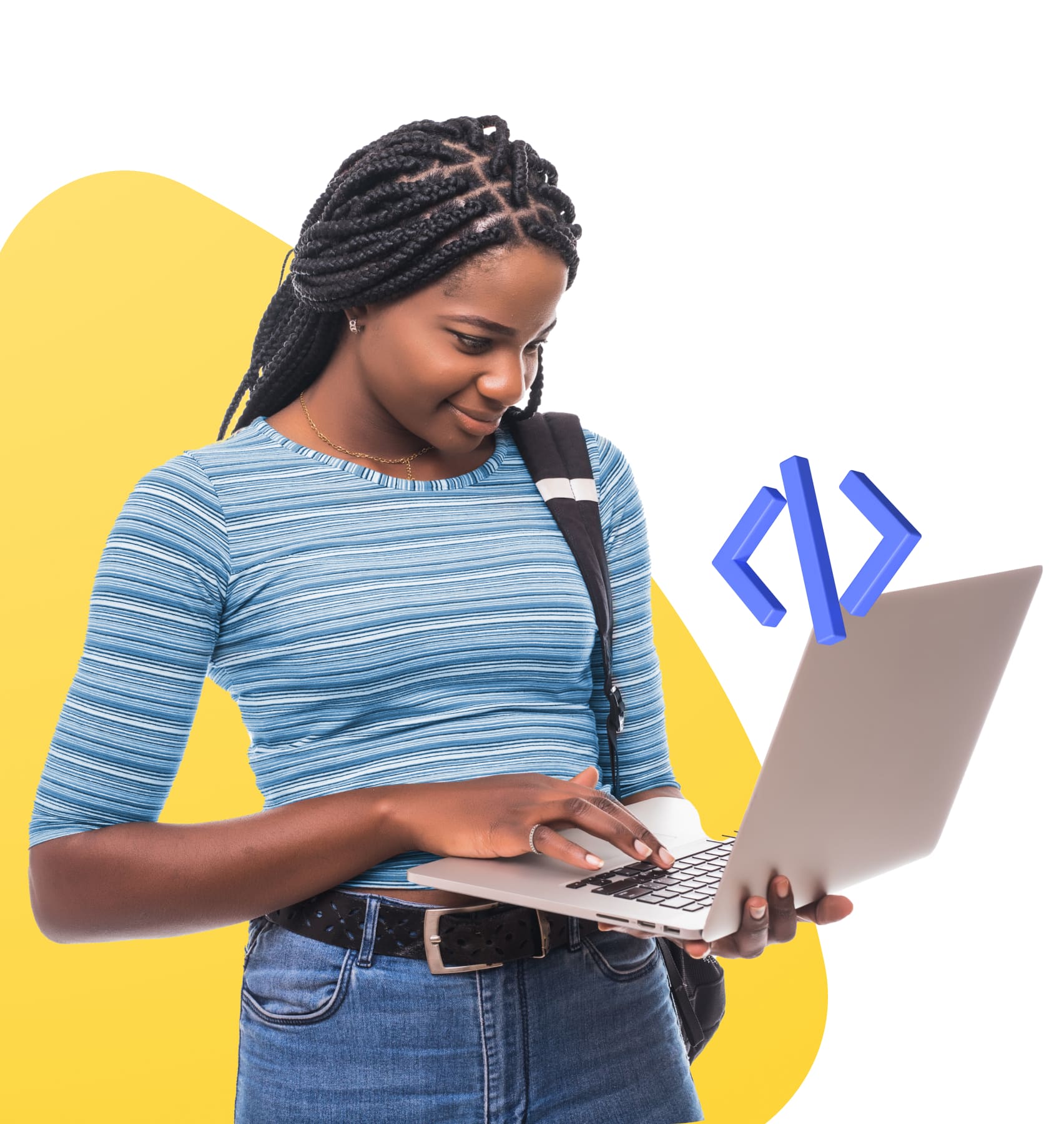 A woman holds a laptop displaying the word "code," symbolizing technology and programming skills.