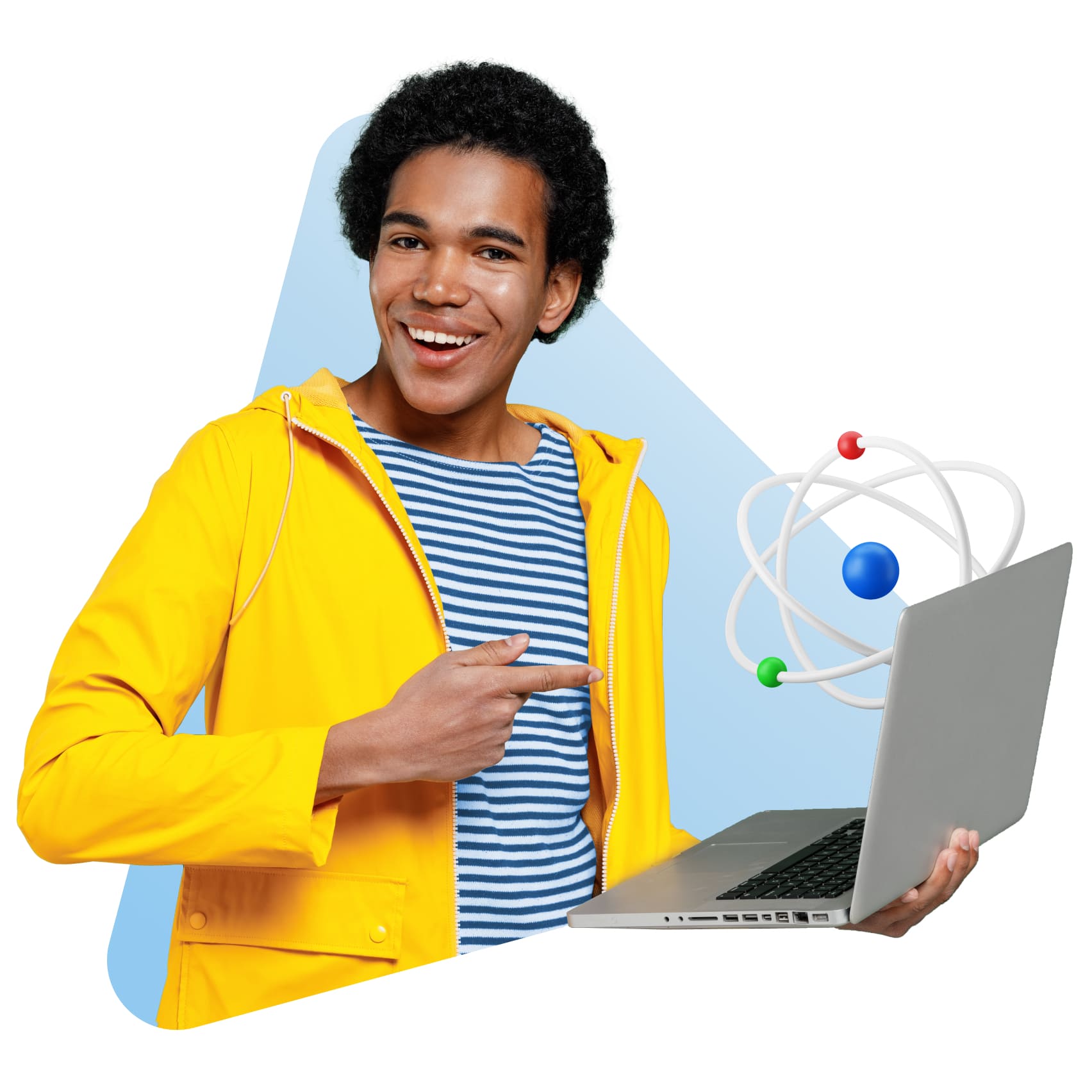 A man in a yellow jacket holds a laptop, featuring an atom graphic and a model, symbolizing scientific exploration.