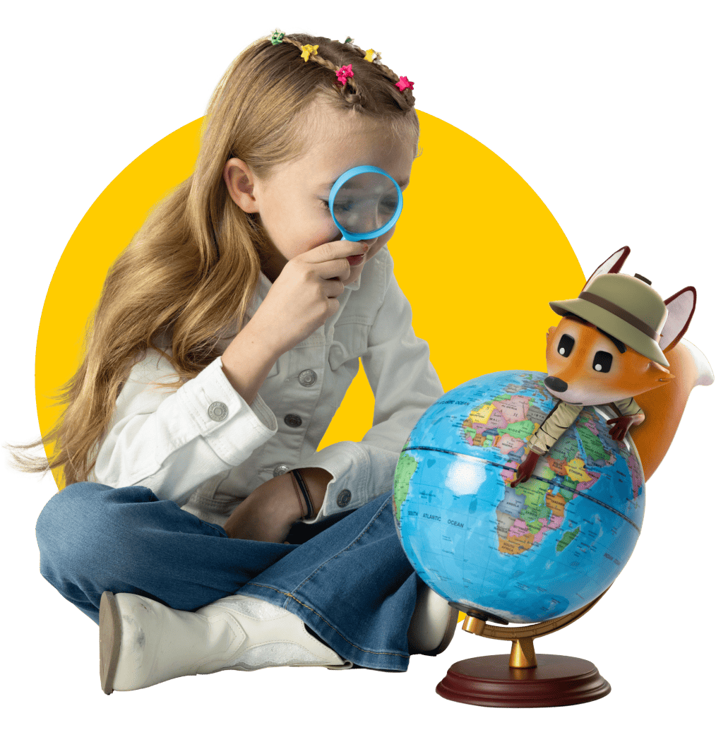 A young girl examines a globe intently, while a playful fox sits atop it, representing curiosity and discovery.