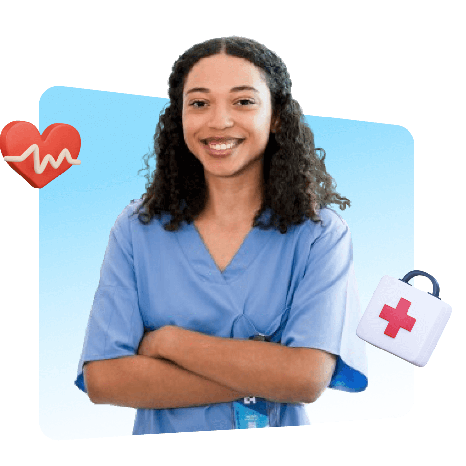 A nurse stands confidently with her arms crossed, holding a heart symbol, representing care and compassion in healthcare.