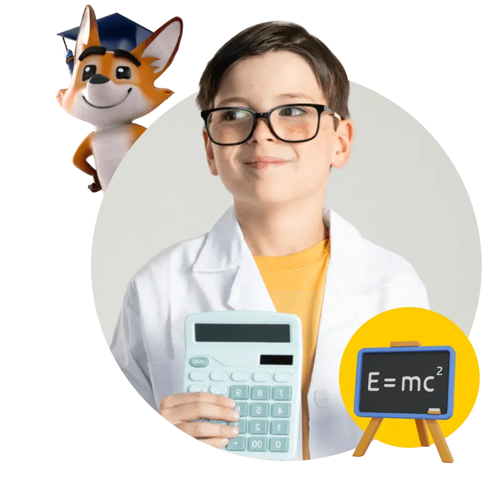 A boy wearing glasses holds a calculator while a curious fox stands beside him, both engaged in a playful moment.