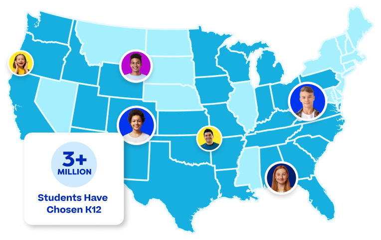 US map with student bubbles. 3+ million students have chosen K12