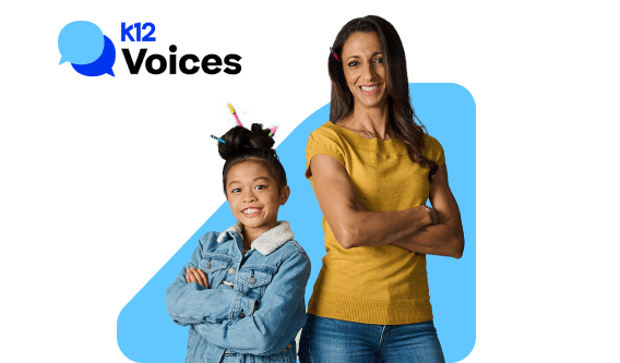 A woman and a child stand side by side, with the phrase "K12 Voices" displayed prominently above them.