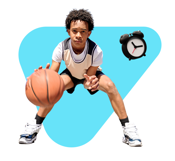 A young basketball player, focused and determined, dribbles a ball on a blue triangle background. An alarm clock is depicted to his right.