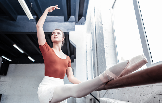Ballet dancer in a red leotard stretches at a barre in a sunlit studio, conveying focus and grace. She extends one leg high, wearing pointe shoes.