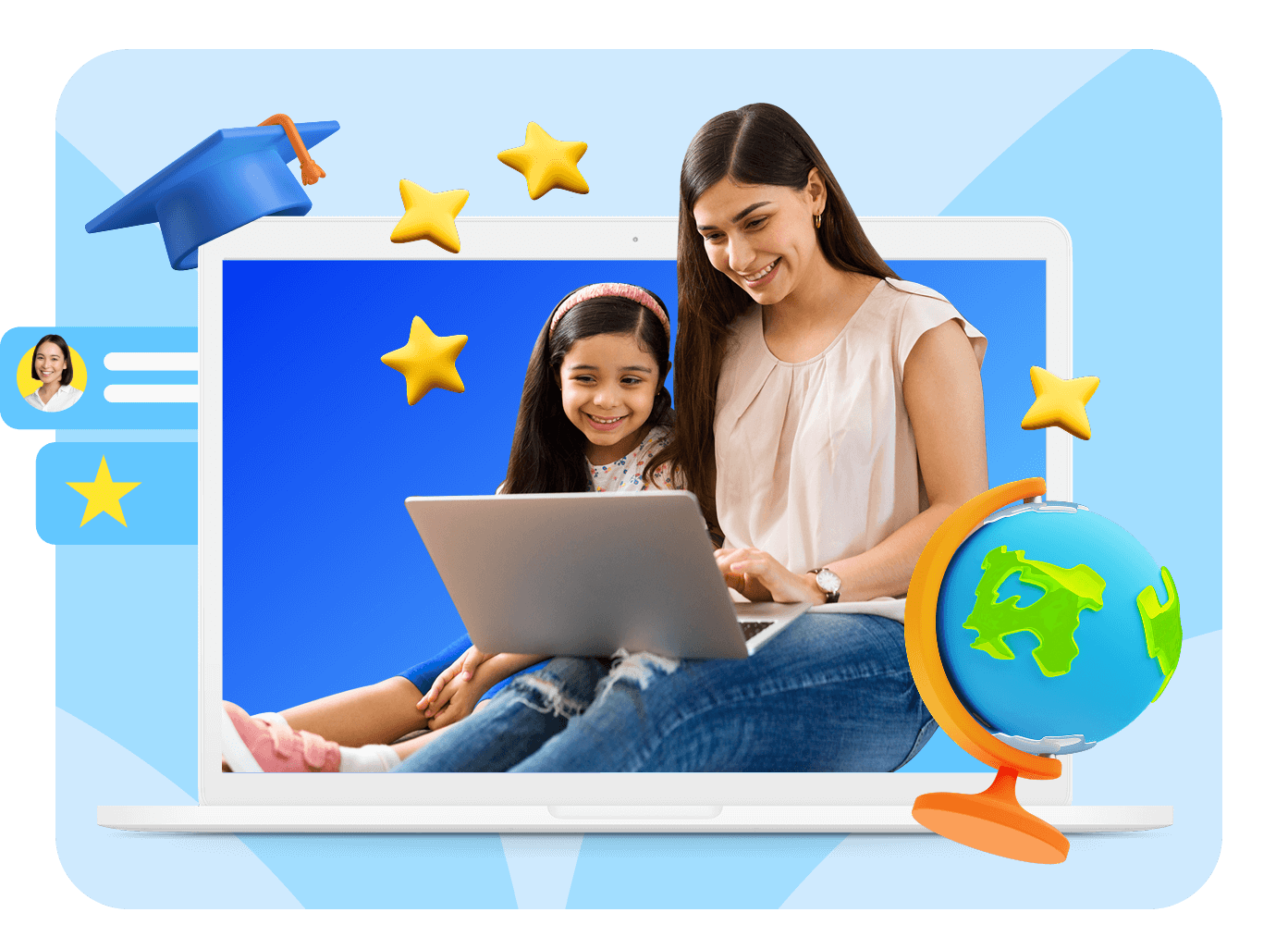 Una madre y su hija utilizan alegremente un ordenador portátil, rodeadas de estrellas, un birrete de graduación y un globo terráqueo, que simbolizan el aprendizaje y la educación en línea.