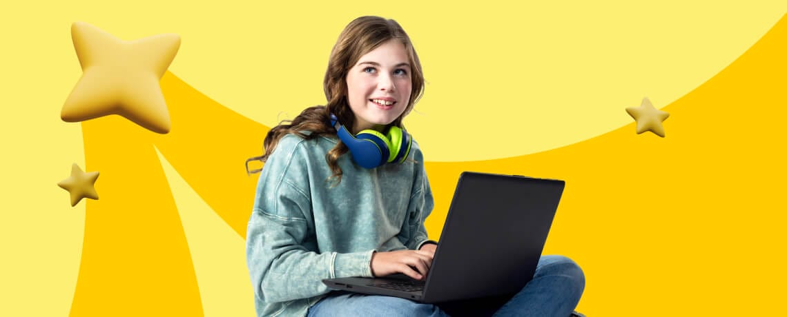 Young girl smiling while using a laptop, wearing headphones around her neck. Background is bright yellow with floating star graphics, conveying a cheerful tone.