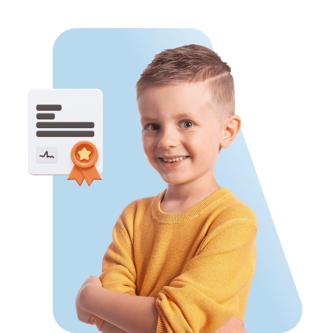 Young boy in a yellow sweater smiling confidently with arms crossed. Background features a blue shape and a certificate icon with a star ribbon.
