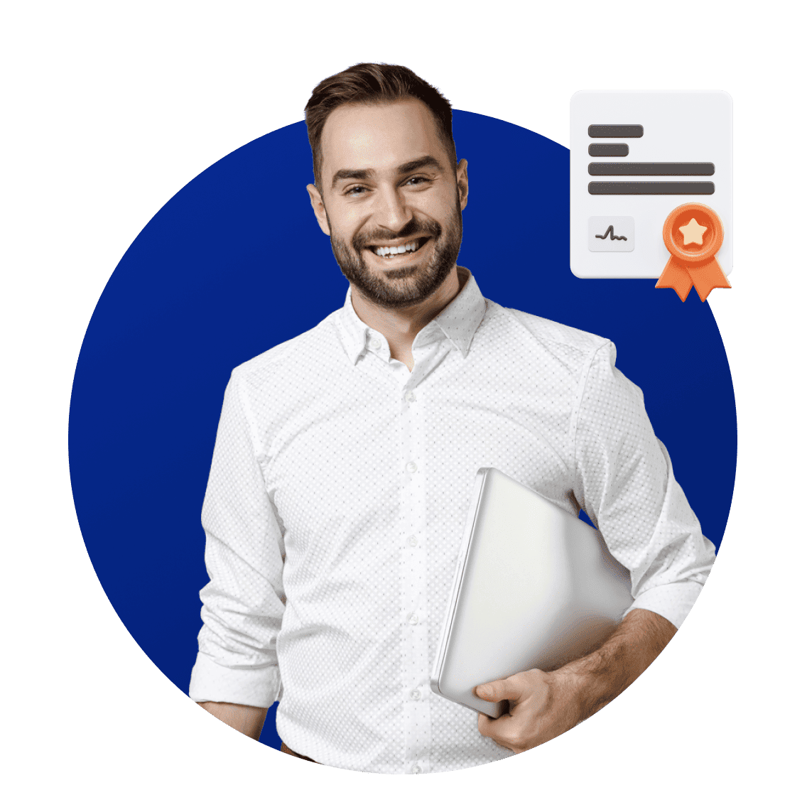 Un hombre sonriente con una camisa blanca sostiene una computadora portátil contra un fondo circular azul. Un icono de documento con una cinta de estrella se encuentra en la esquina superior derecha.