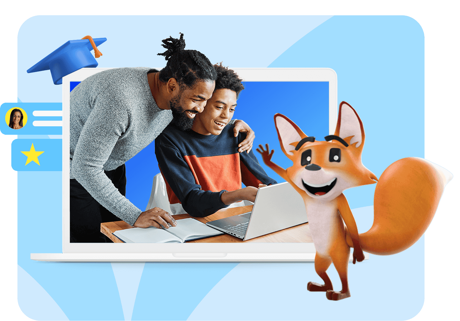 A father and son happily interact with a laptop, supported by an animated orange fox character waving. The scene feels educational and joyful.
