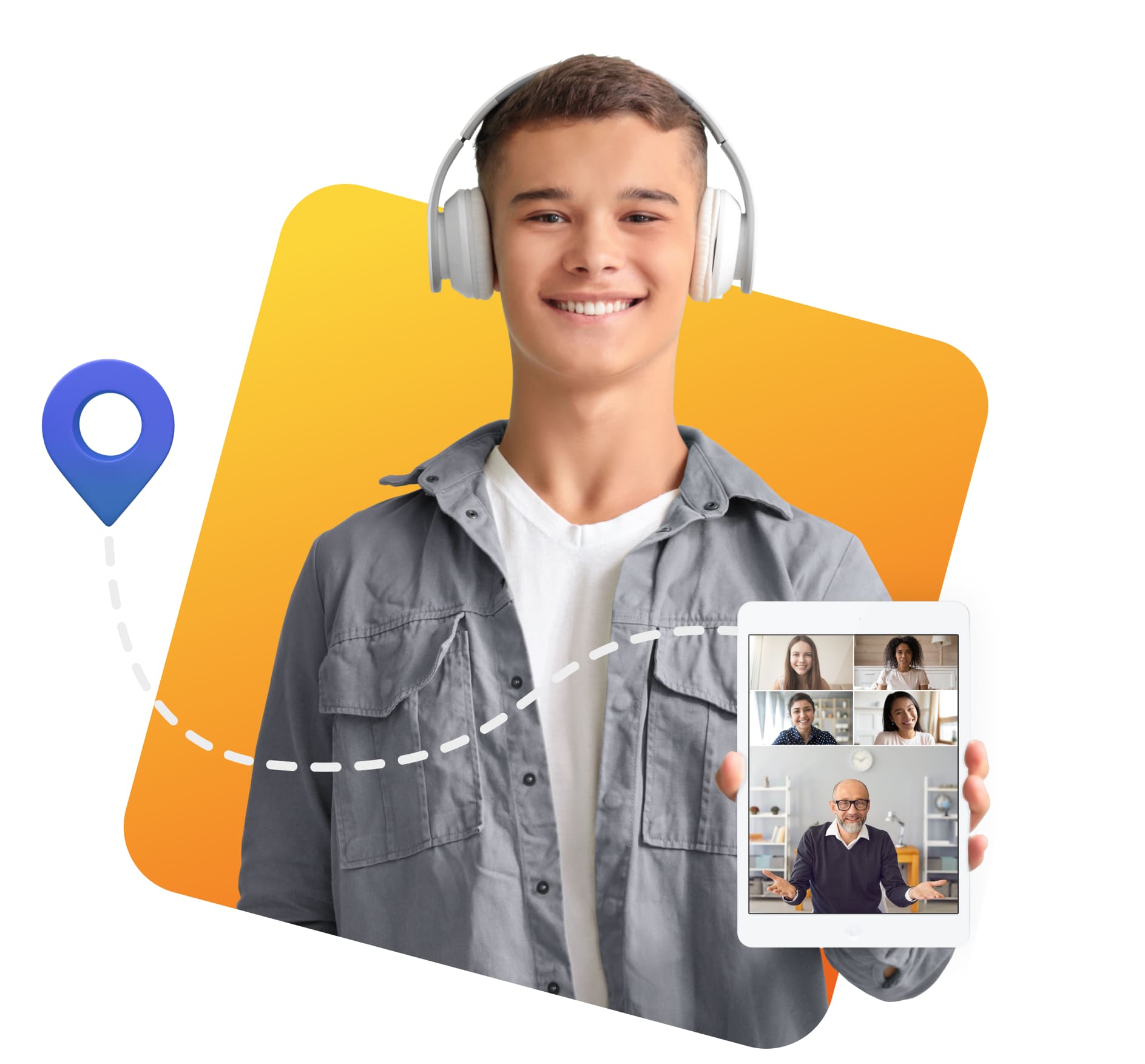 Adolescente con auriculares sonríe, sosteniendo una tableta que muestra una videollamada con cuatro personas. Un pin de ubicación y una línea punteada agregan un ambiente experto en tecnología.
