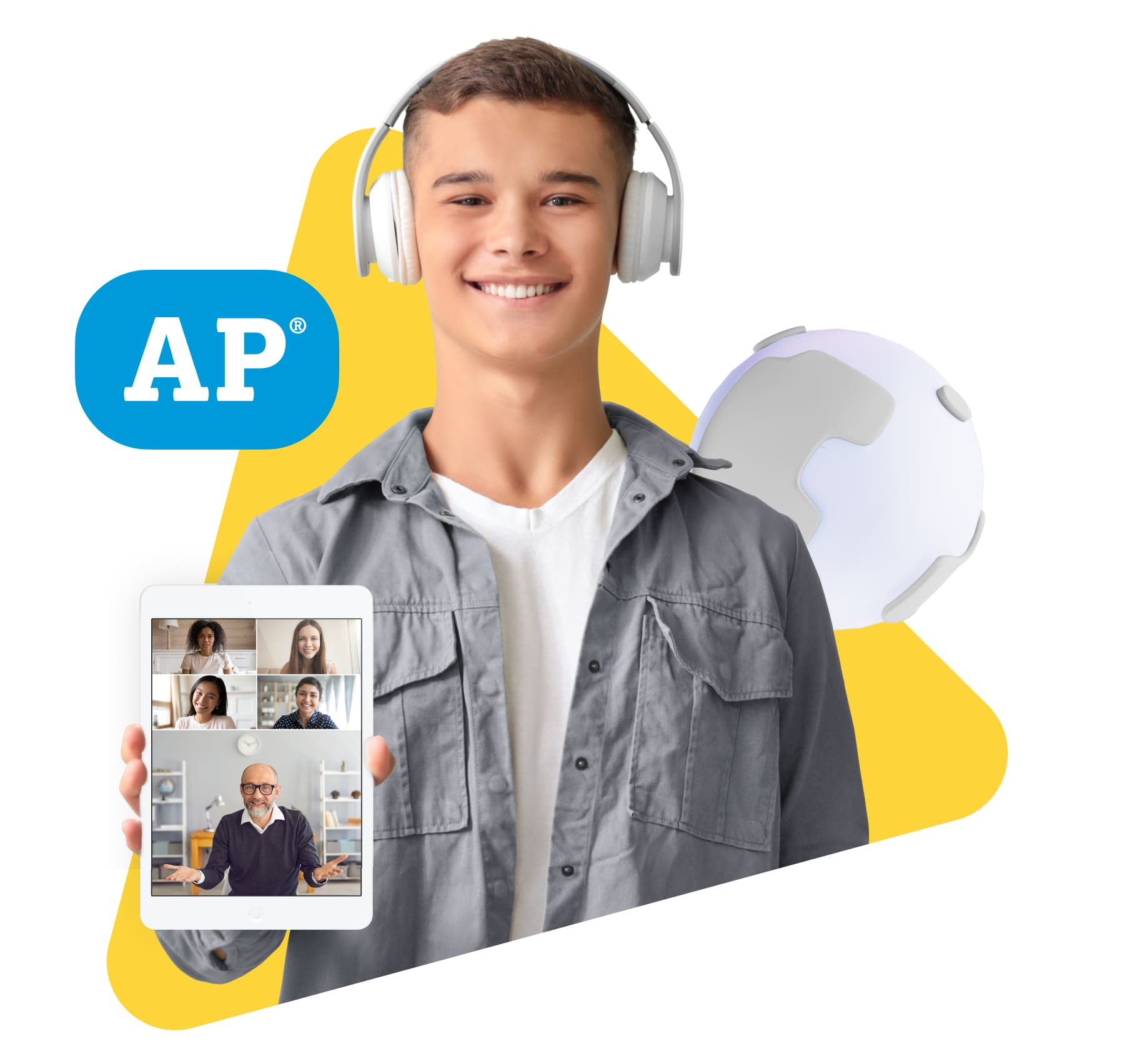 Adolescente sonriente con auriculares, sosteniendo una tableta que muestra una videollamada. Logotipo de AP a la izquierda, formas abstractas en el fondo. Educación, aprendizaje digital.