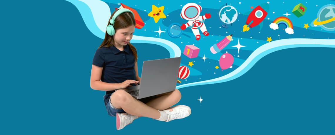 A young girl wearing teal headphones sits cross-legged, using a laptop. Colorful space-themed icons and stars surround her, conveying creativity and imagination.