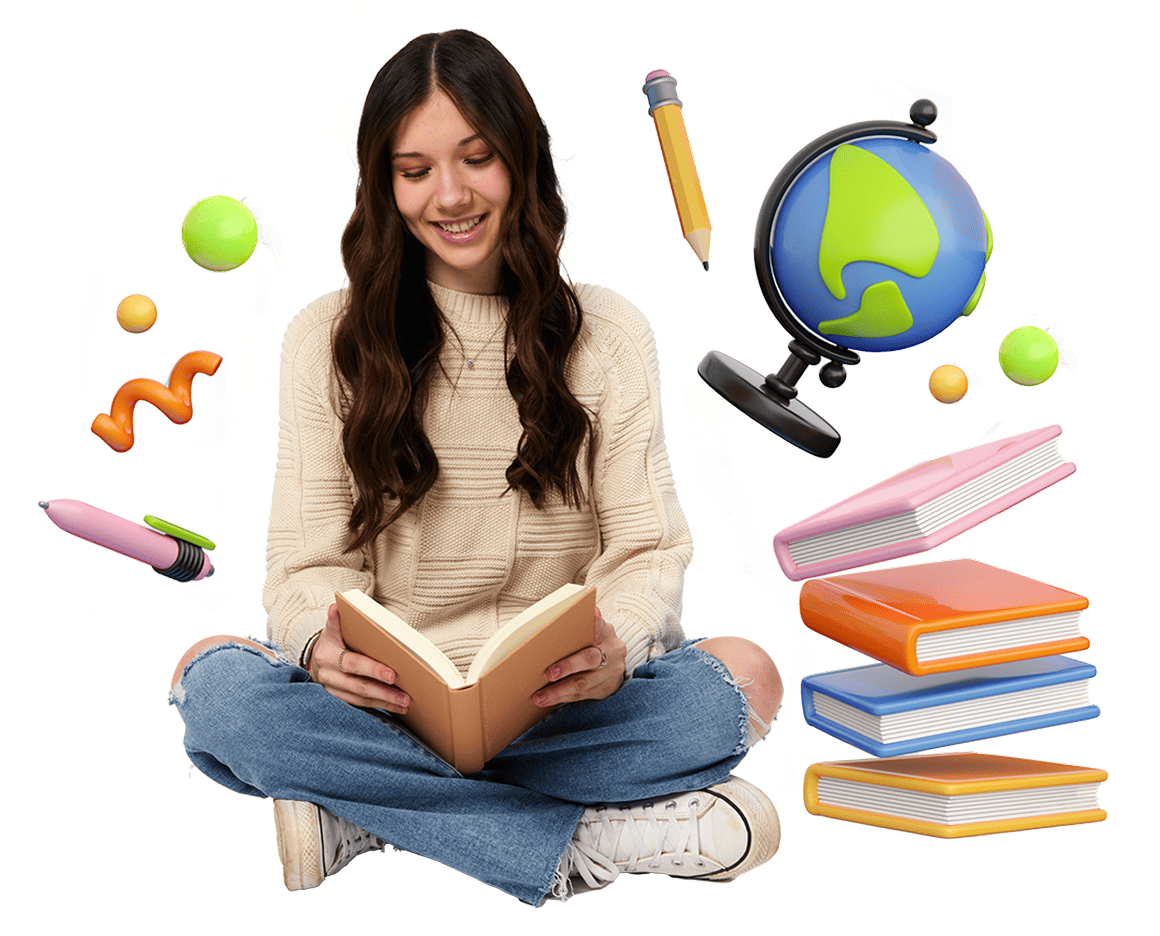 A young woman sits cross-legged, smiling while reading a book. Around her are floating colorful pens, a globe, and stacked books, conveying a fun, educational vibe.