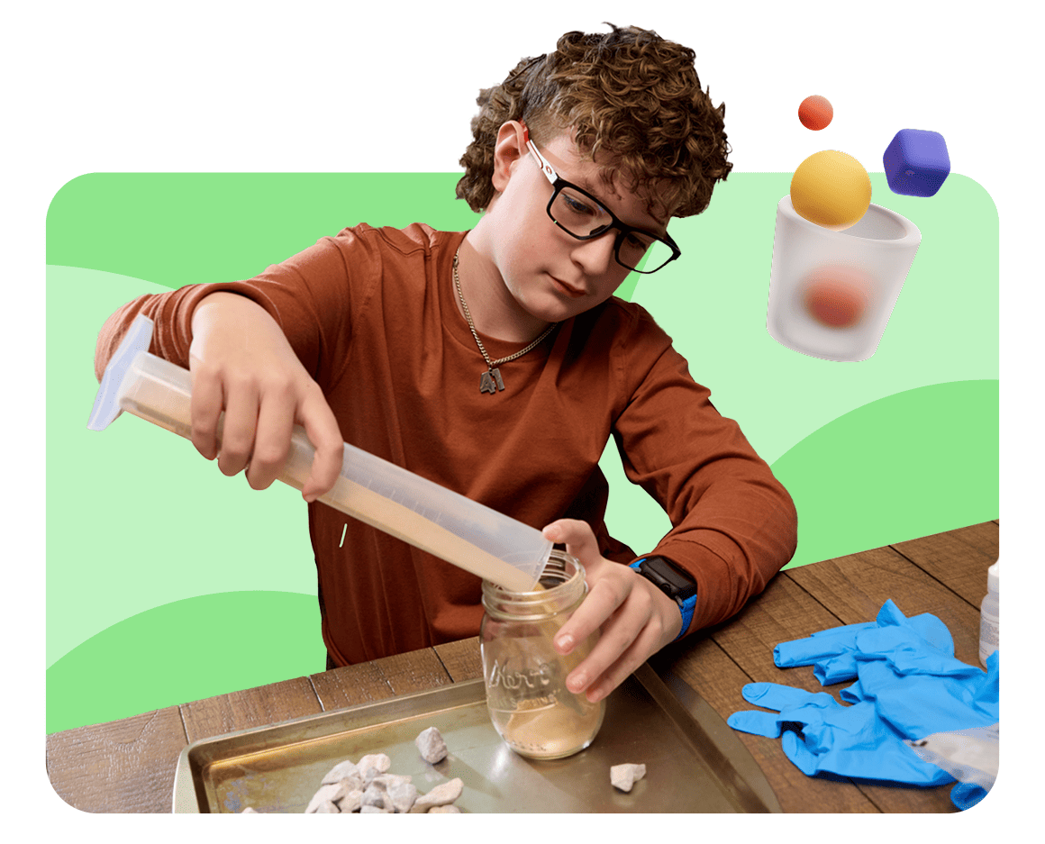 Teen with curly hair and glasses pours sand into a jar on a tray with rocks. Blue gloves rest nearby. Background has colorful abstract shapes.