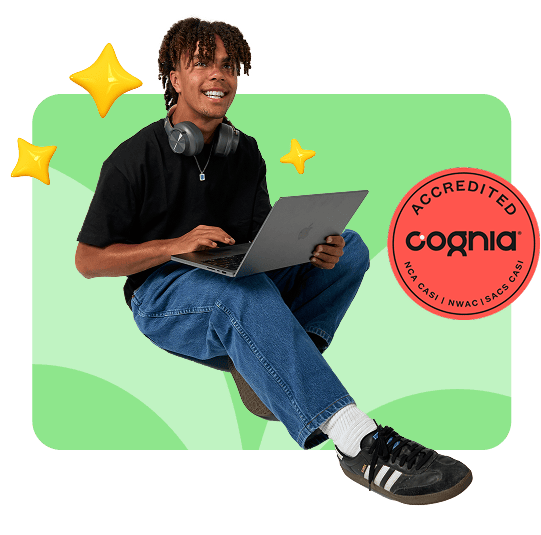 A smiling person sits cross-legged with a laptop, wearing headphones around their neck. The background is green with stars and a red "Cognia Accredited" seal.