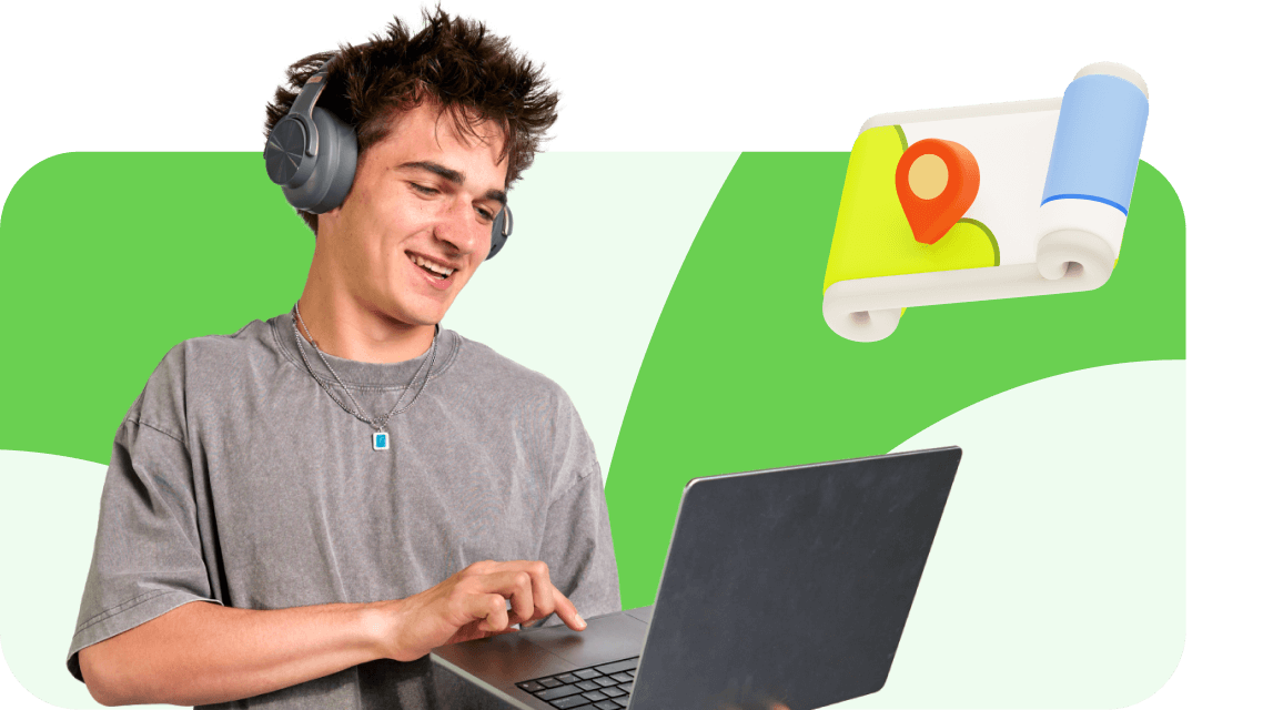 Young man in headphones smiles while using a laptop, overlaid on a green abstract background. A 3D map icon with a location pin floats nearby.