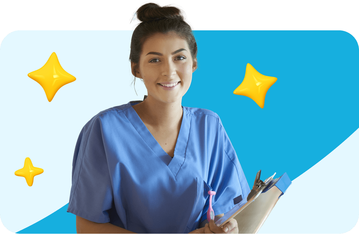 A nurse in blue scrubs smiles warmly, holding a clipboard. The background is a mix of light and darker blue with three yellow star icons, conveying positivity.
