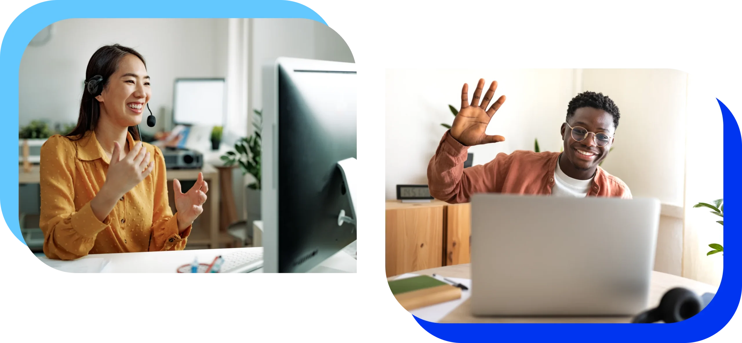 Two people in a video call. A woman with a headset laughs while gesturing, and a man waves with a smile. Both are in casual home settings.