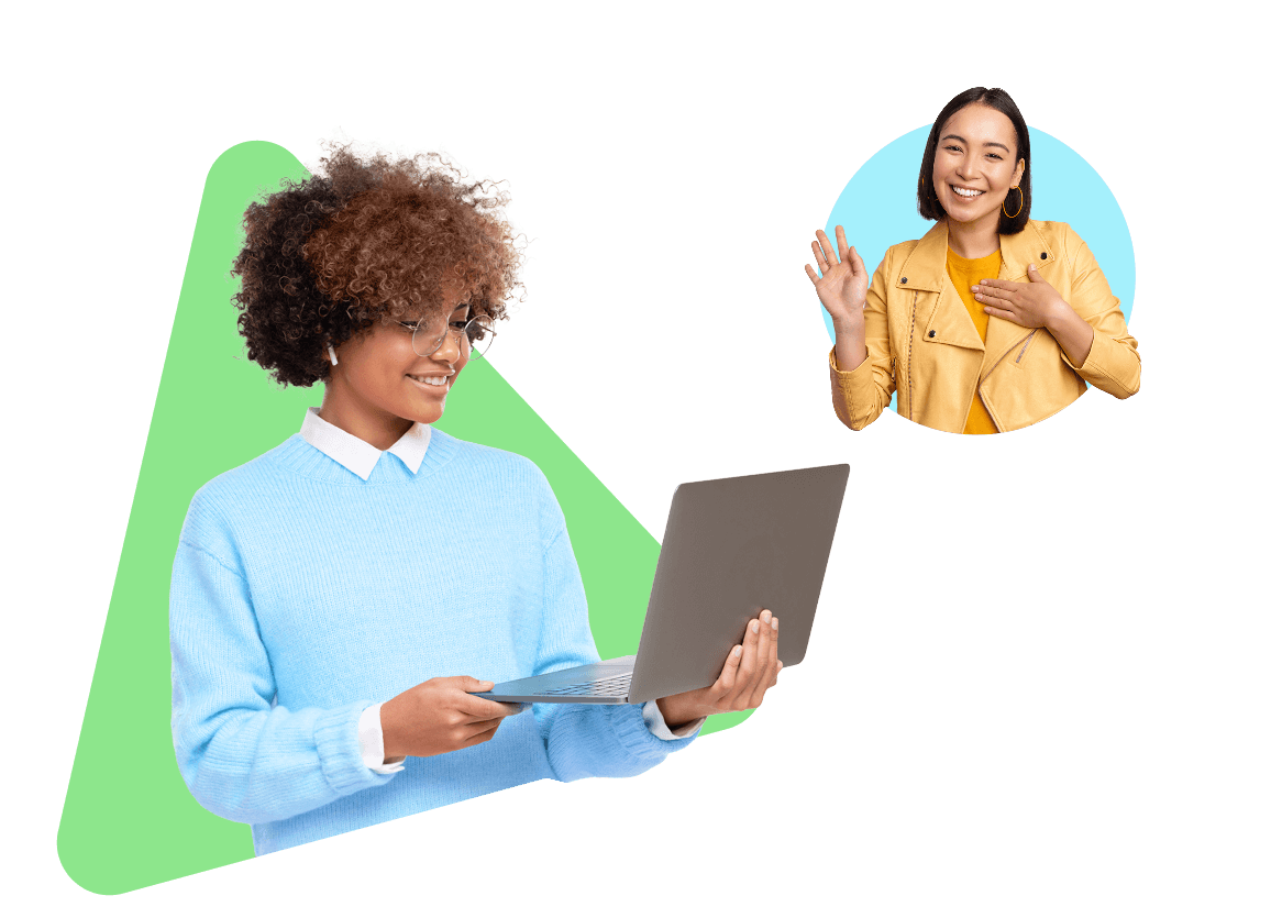 A person in a blue sweater smiles while using a laptop, with a green triangle in the background. Another in a yellow jacket waves from a circle overlay.