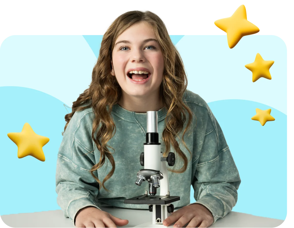 A young girl with wavy hair smiles widely, seated at a table with a microscope. The background is light blue with scattered yellow stars.
