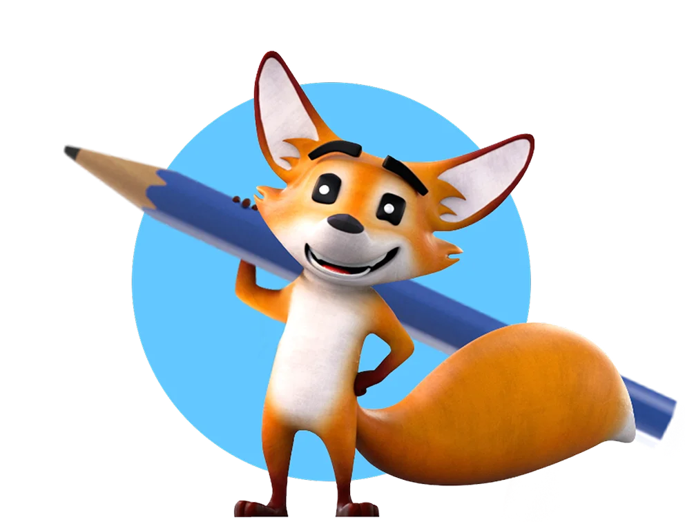 A cheerful cartoon fox stands with a large blue pencil against a black background, smiling confidently. The image is lively and playful.
