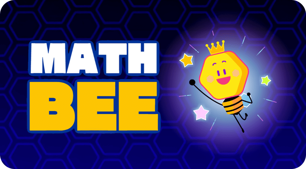 "Cheerful bee character with a crown, surrounded by colorful stars, on a blue hexagonal pattern background. Bold white and yellow text reads 'Math Bee.'"