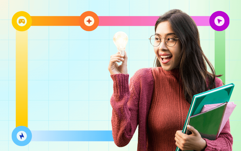 Una mujer con un suéter rojo sonríe mientras sostiene una bombilla encendida, simbolizando una idea. Ella sostiene carpetas contra un fondo colorido, en forma de cuadrícula, con iconos.