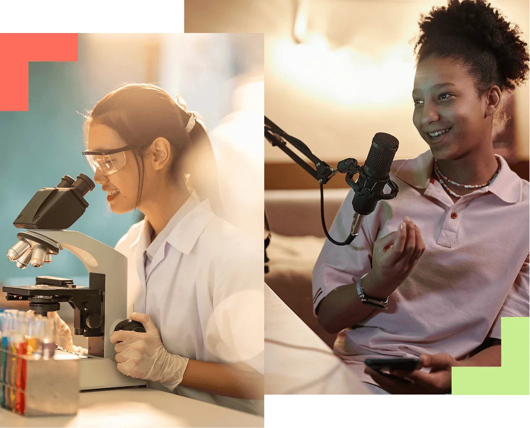 Two images side by side: Left shows a scientist using a microscope in a lab, focused and thoughtful. Right features a smiling podcaster at a mic, expressing enthusiasm.