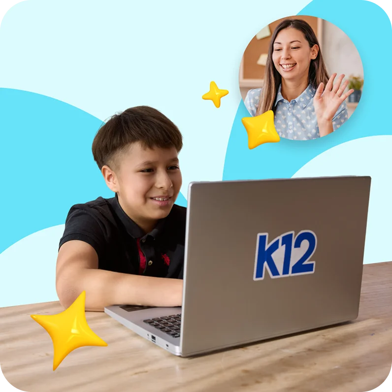 Young boy smiling at a laptop with "k12" on it. Inset of woman waving, suggesting online learning. Bright stars add a cheerful, engaging tone.